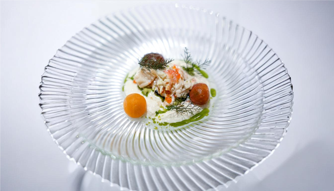 Now Crab with Cherry Tomatoes, Red Caviar, Green Sauce, and Crème Fraîche Sauce